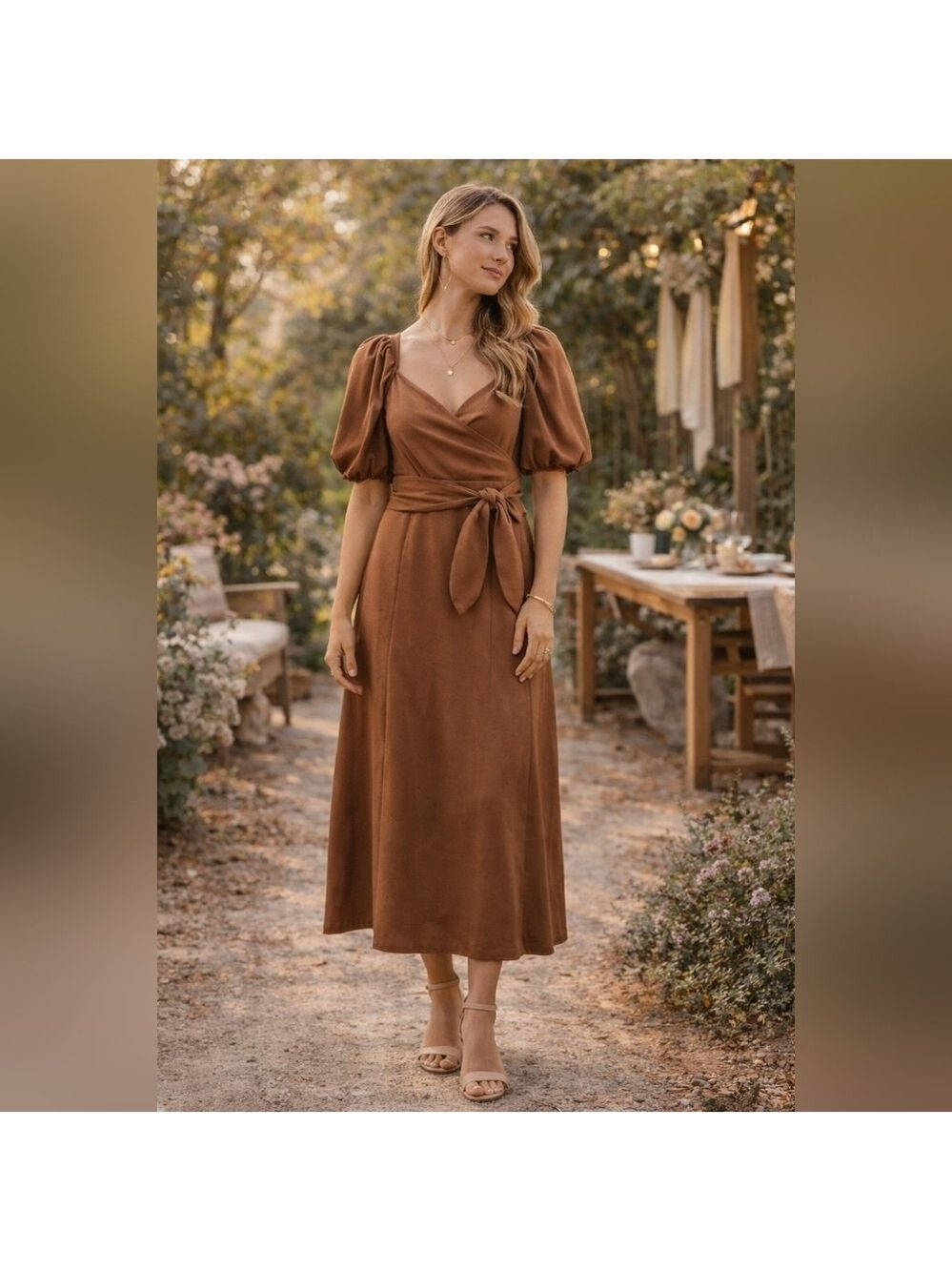 Zoe & Claire Brown Wrap-Style Midi Dress – Size Small – New